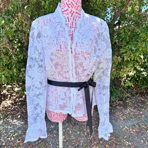 Vintage Chetta‎ B Lace Blazer Top Tie Waist  Coquette Cottagecore Ruffle Cuffs 8